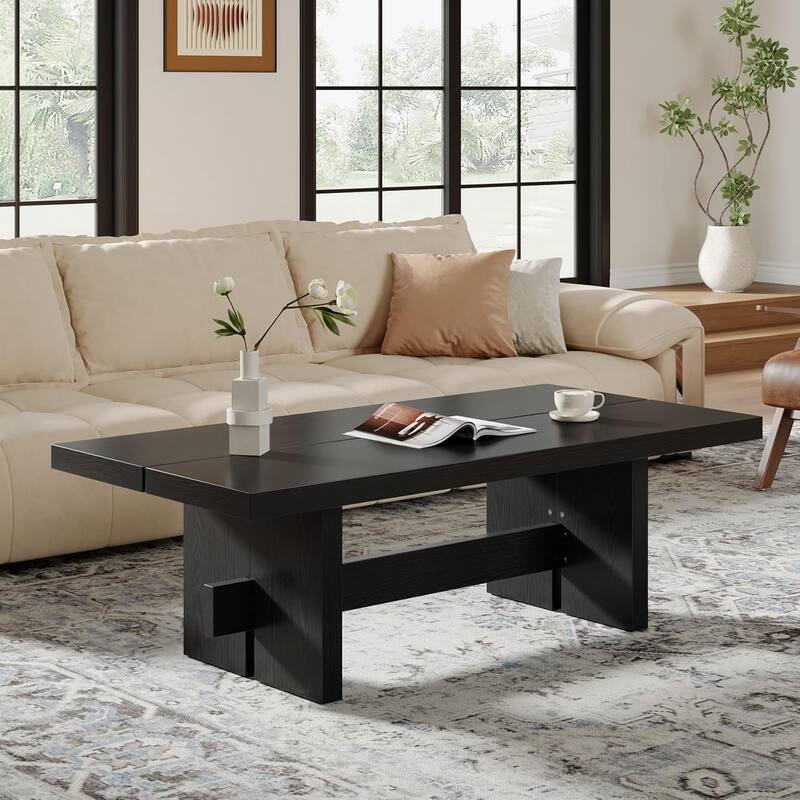 55" Rectangular Wooden Coffee Table for Living Room, Easy Assembly - Black