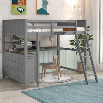 Merax Wooden Twin/Full Loft Bed with Drawers and Desk, Shelves