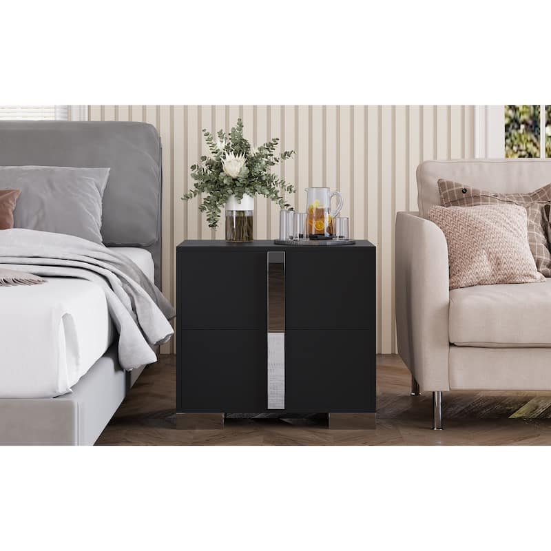 Modern End Table with Drawers, Elegant Nightstand with Metal Foot,Wood Bedside Table with Mirrored Metal Handles