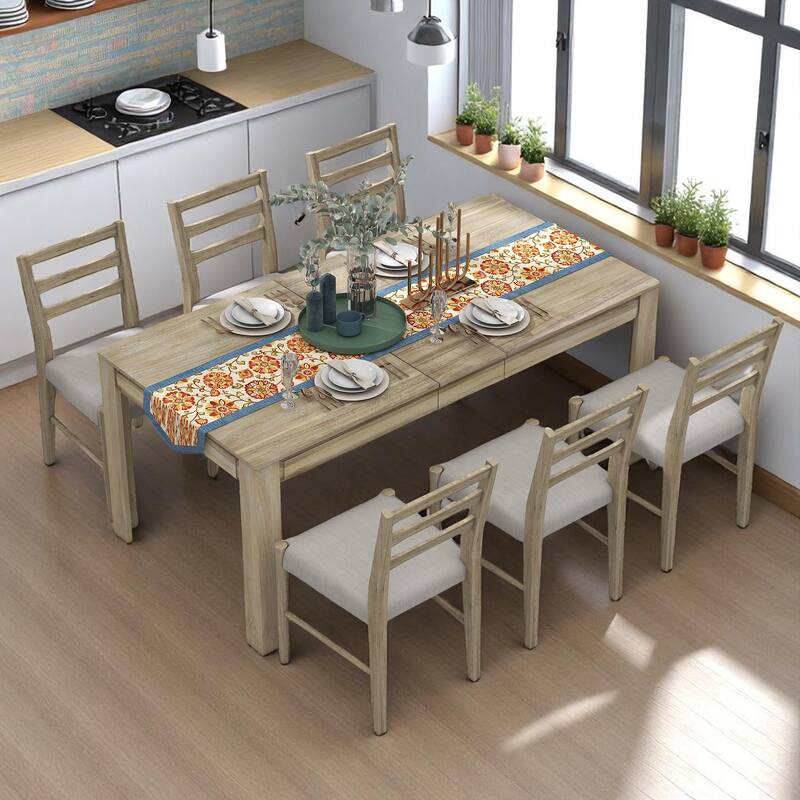 7-Piece Extendable Dining Set with 2 Drawers, Solid Wood Table and 6 Upholstered Chairs - Expandable for Kitchen & Dining Room