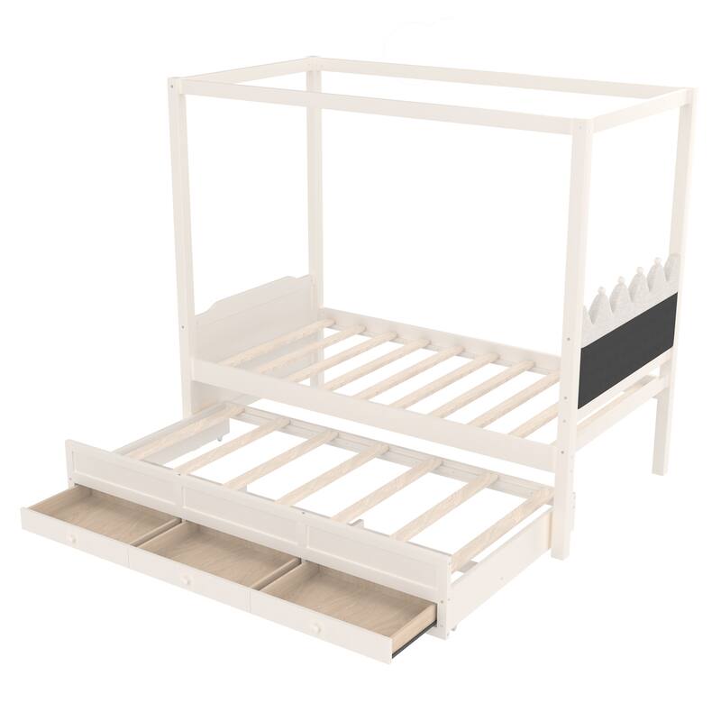 Roomfitters Canopy Bed with Trundle and Drawers, Upholstered Crown Headboard, Solid Wood Frame