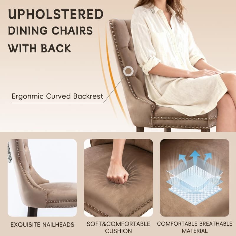High-end Tufted Velvet Upholstered Nailhead Dining Chair Set of 6