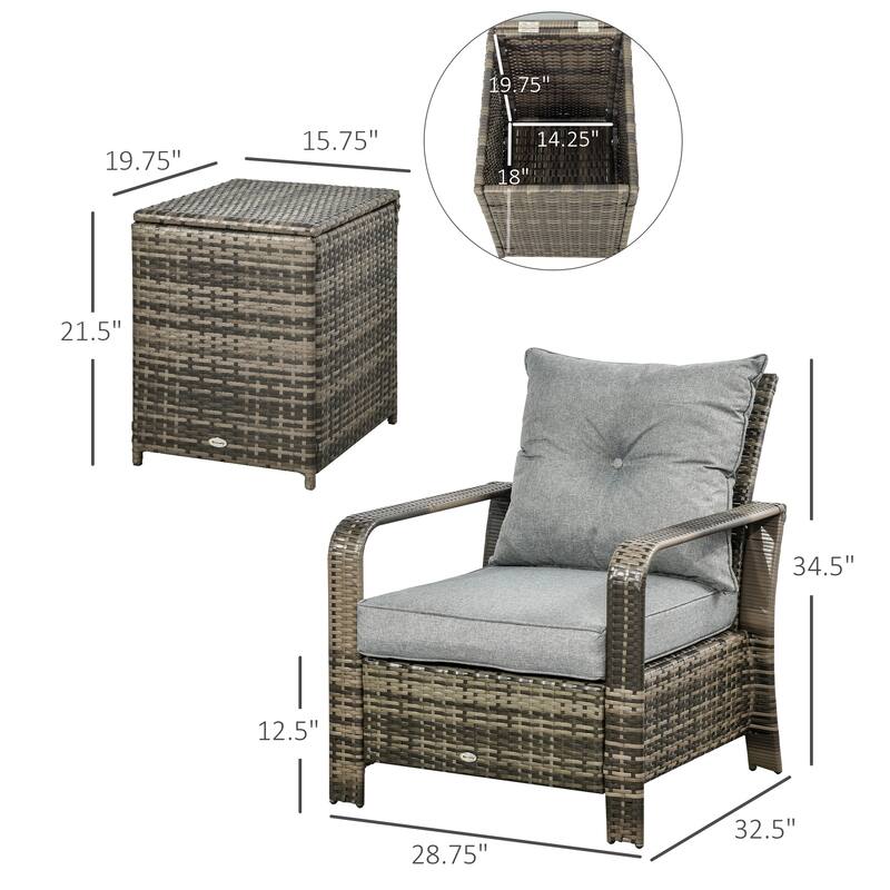 GDFStudio - Oliver Compact Wicker Patio Furniture Set with Hidden Storage Table and Cushioned Seating - Storage Table Chairs