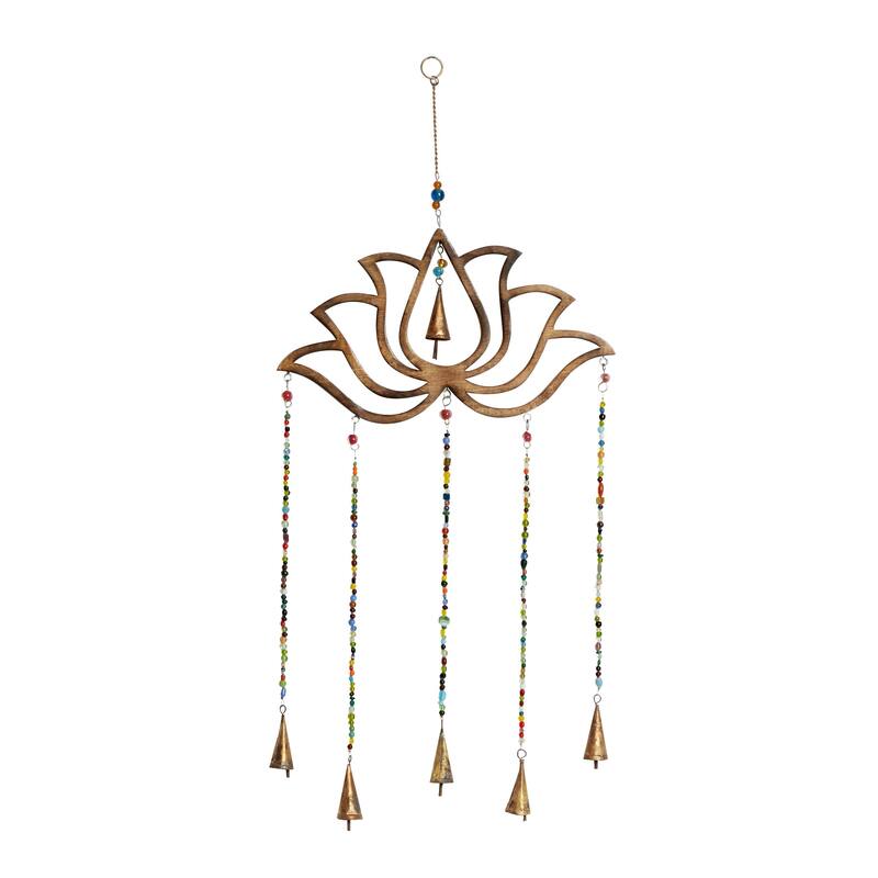 Mango Wood Floral Lotus Windchime with Glass Beads and Cone Bells - Gold - Roche River Decor
