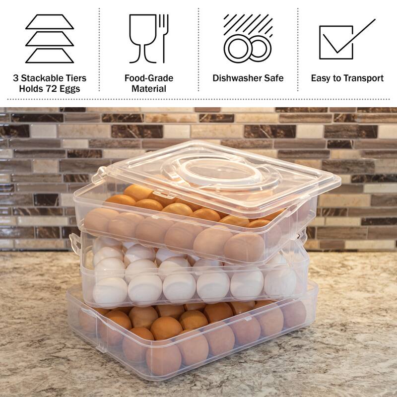 Egg Container for Refrigerator - Large-Capacity Egg Holder with Lid and Handle - Carrier for 72 Eggs by Classic Cuisine