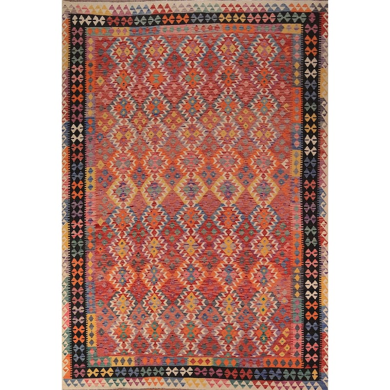 Orange Geometric Kilim Oriental Area Rug Flatweave Wool Carpet - 8'3" x 11'8"