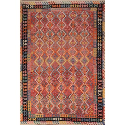 Orange Geometric Kilim Oriental Area Rug Flatweave Wool Carpet - 8'3" x 11'8"