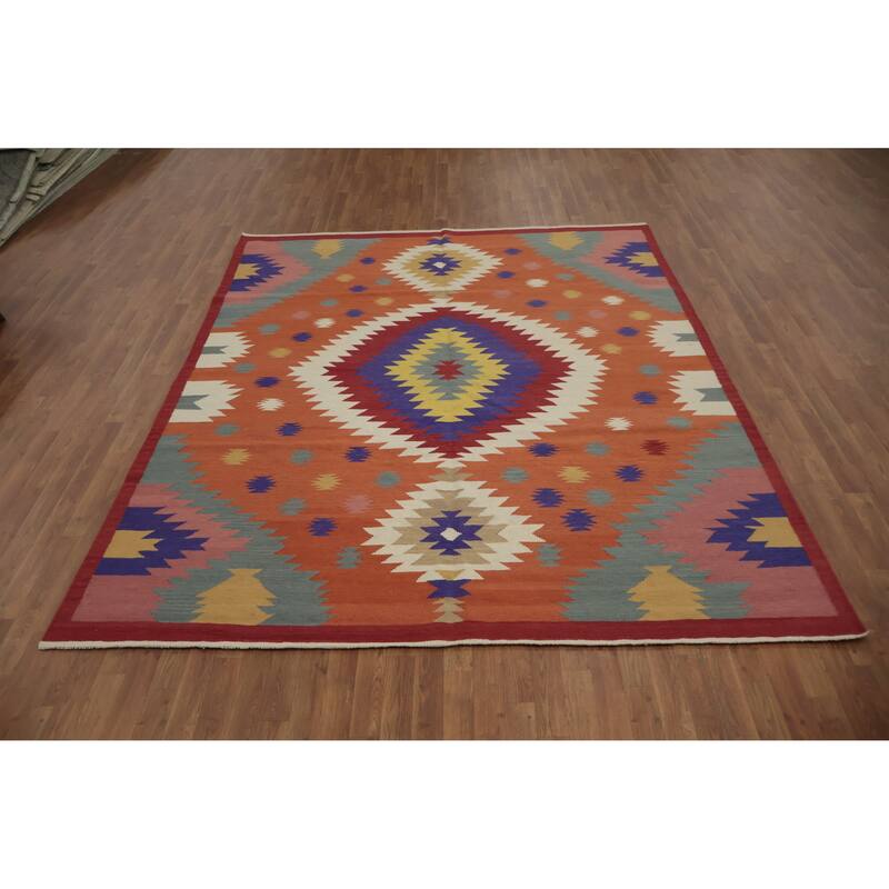 Hand Woven Oriental 100% Wool Carpet Southwestern Tribal Oranges & Rust Kilim Area Rug - 9' 8'' X 7' 11''