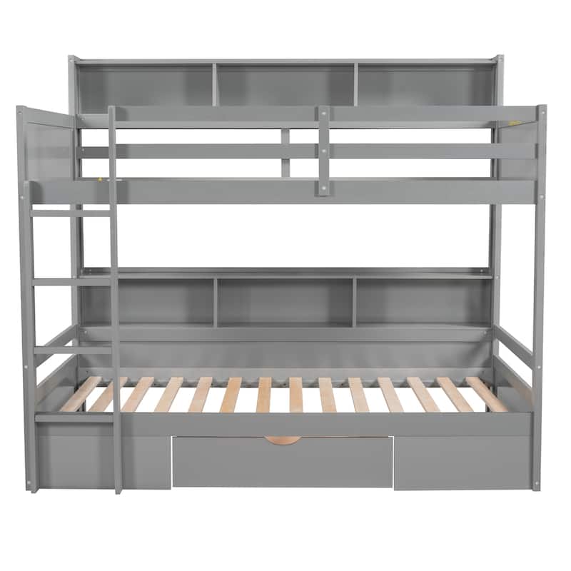 Twin Size Bunk Bed - Built-in Shelves Beside Both Beds & Storage Drawer