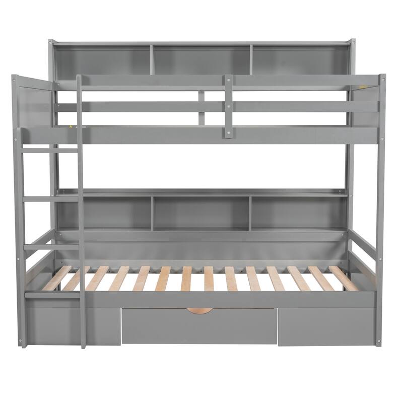 Twin Size Bunk Bed with Built-in Shelves and Storage Drawer, Gray