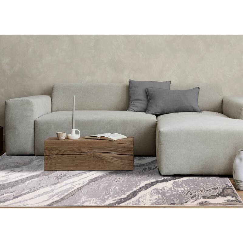 Grey White Modern Granite Patterned Area Rug, 5'3" x 7'7"
