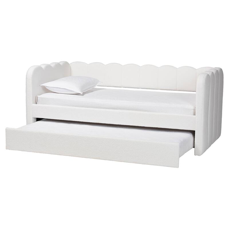 Palmer Cream Teddy-Bear Fabric Daybed with Rolling Trundle - Scalloped Edge Daybed with Plush Upholstery, Modern Sofa Bed