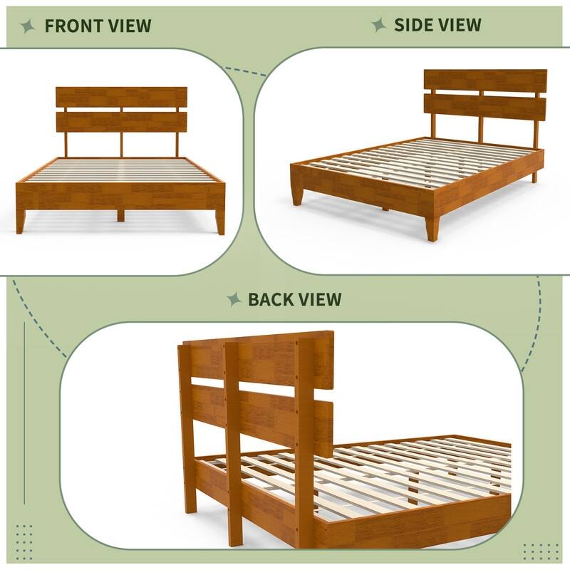 Modern Brown Solid Wood Platform Bed Frame with Headboard
