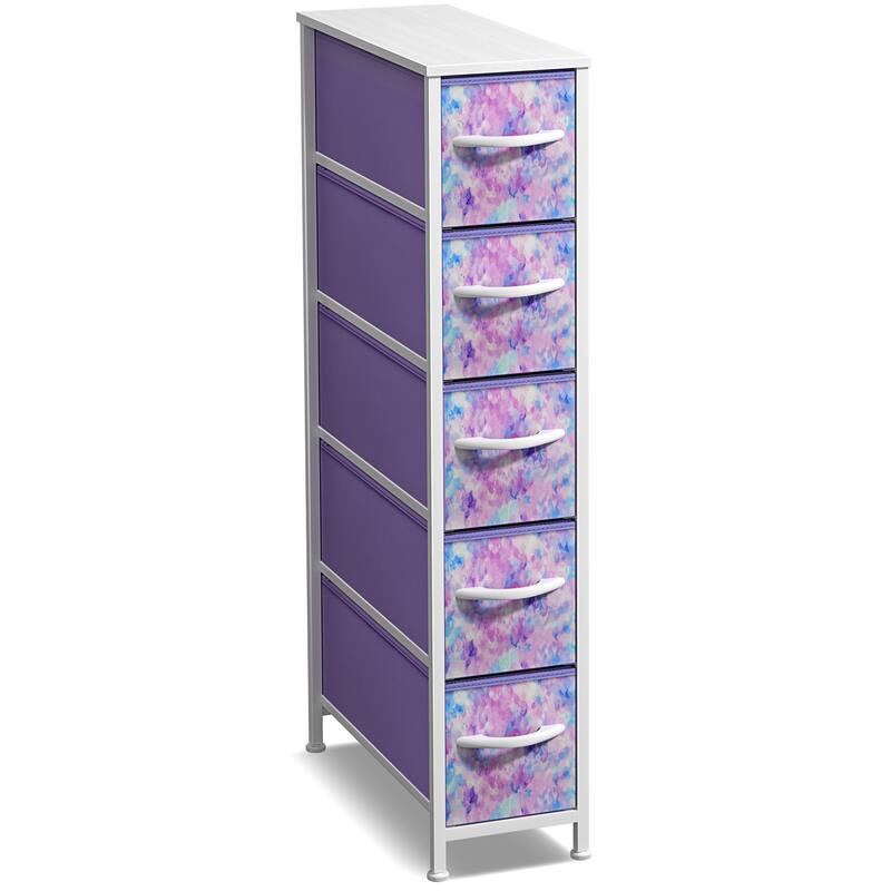 Sorbus Narrow Dresser with 5 Drawers - Vertical Slim Storage Chest of Drawers with Steel Frame, Wood Top & Easy Pull Fabric Bins - Tie Dye Purple