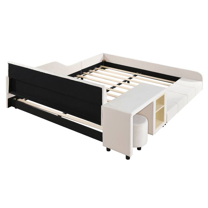 Full Size Upholstered Grounded Bed, Mother & Child Bed with Bedside Desk and Little Round Stool, Velvet, Beige