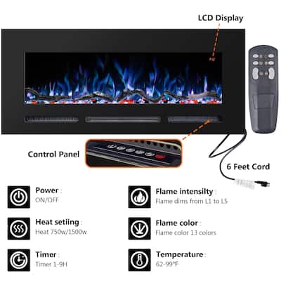 42" Electric Fireplace Insert Recessed and Wall Mounted with 13 Color Flames, Thermostat