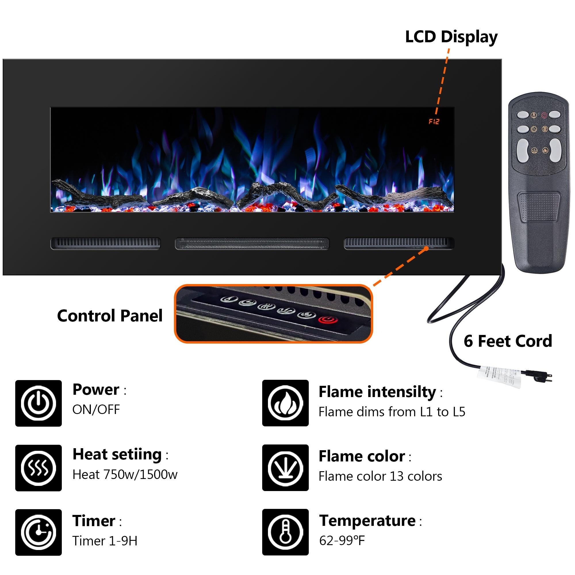 42" Electric Fireplace Insert Recessed and Wall Mounted with 13 Color Flames, Thermostat