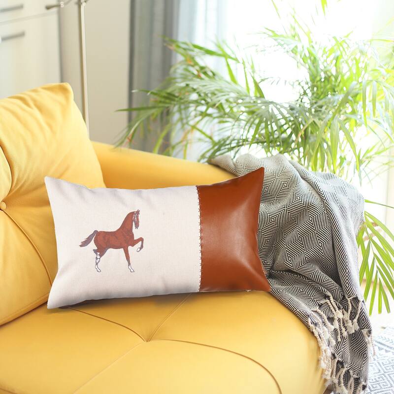 HomeRoots 20" X 12" Beige Horse Animal Print Zippered Handmade Faux Leather Lumbar Pillow With Embroidery