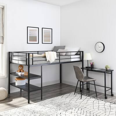 Middlebrook Abner Black Twin Low Loft Bed with Desk and Shelves