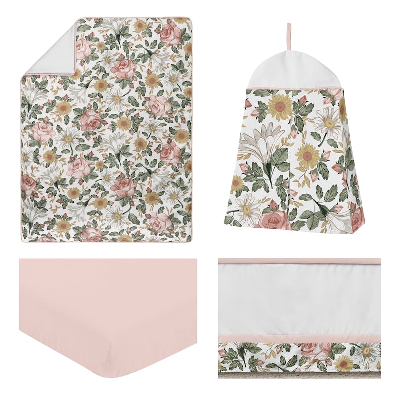 Sweet Jojo Designs Vintage Floral Boho Girl 4pc Nursery Crib Bedding Set - Blush Pink Yellow Green White Shabby Chic Farmhouse