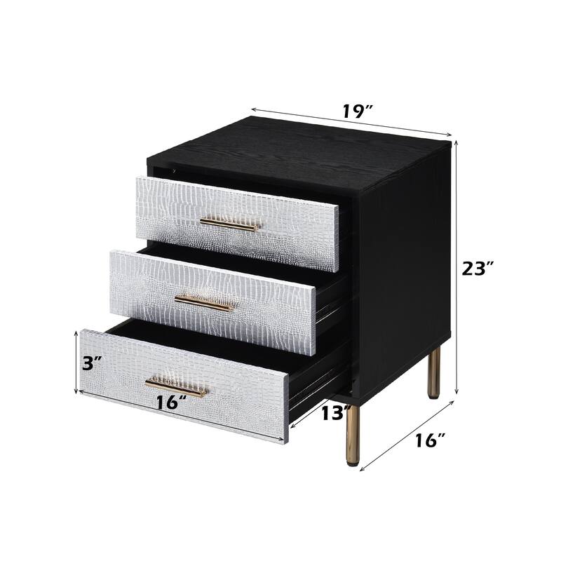 Black, Silver & Gold Finish Nightstand with Three Drawers and Metal Legs