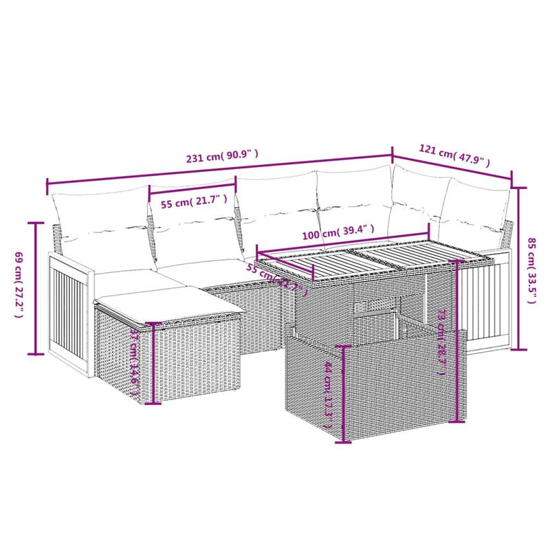 vidaXL Patio Sofa Set with Cushions Table and Sofa Modules 7 Piece Poly Rattan - 21.7 x 39.4 x 28.7 in
