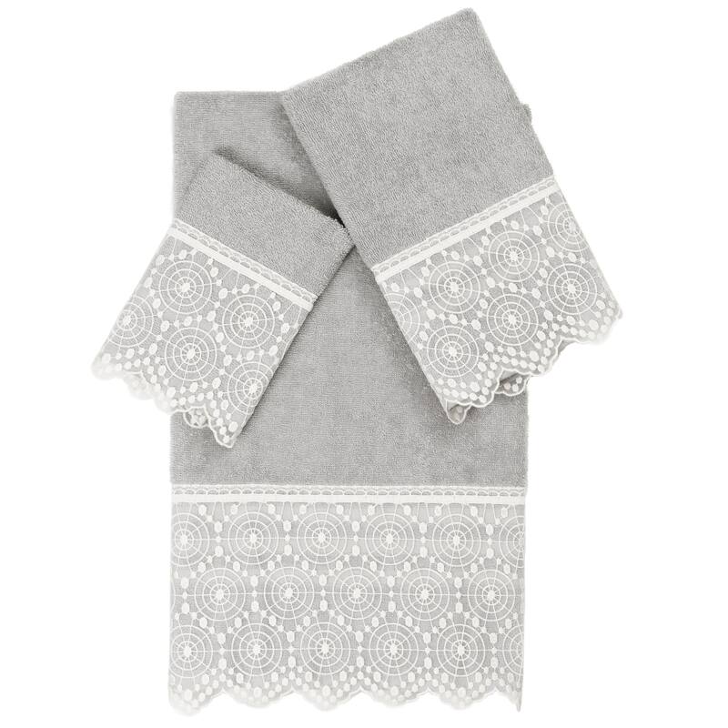 Authentic Hotel and Spa 100% Turkish Cotton Arian 3PC Cream Lace Embellished Towel Set - Light Gray