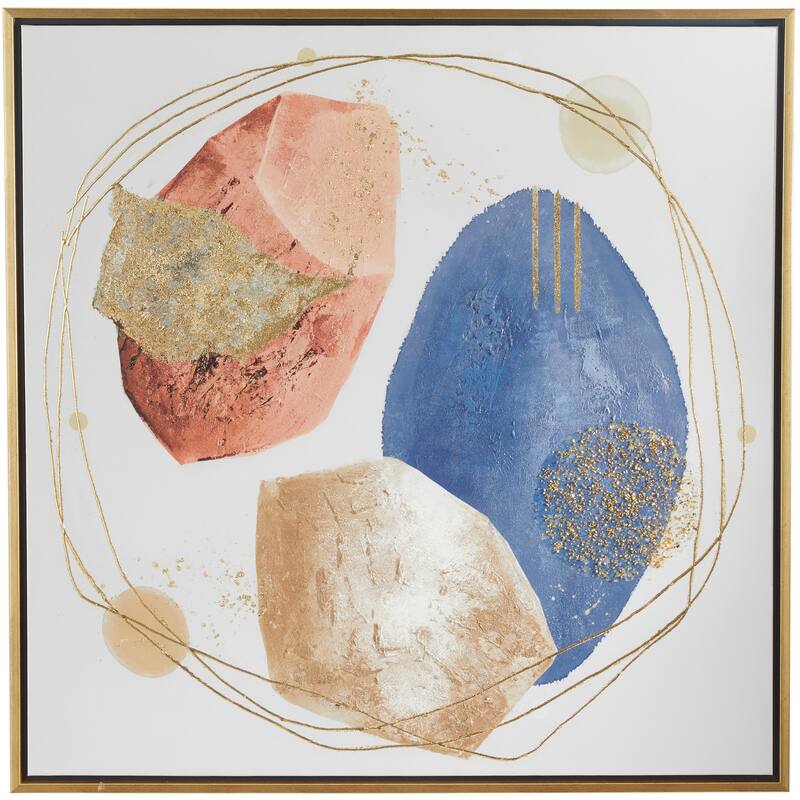 Multi Colored Canvas Handmade Overlapping Circle Abstract Framed Wall Art with Gold Frame and Gold Foil Detailing - Multi-Color