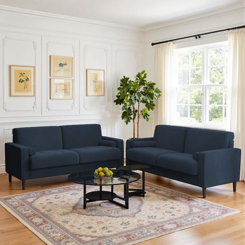 Modern Corduroy Upholstered Loveseat with Bolster Pillows and Wood Legs - Navy Blue/2 set