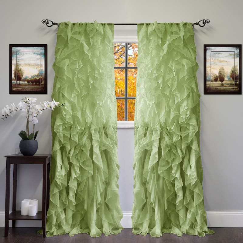 Sweet Home Collection Chic Sheer Voile Vertical Ruffled Tier Window Single Panel Curtain - 108" Long - Sage