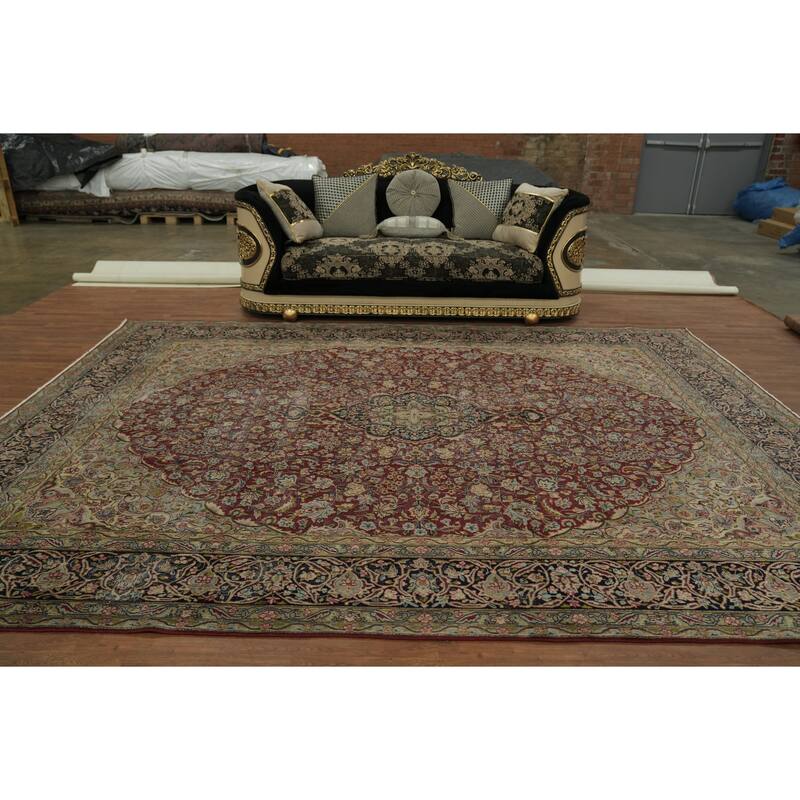 Hand Knotted Oriental 100% Wool Carpet Traditional Floral Red Kerman Area Rug - 12' 10'' X 9' 7''