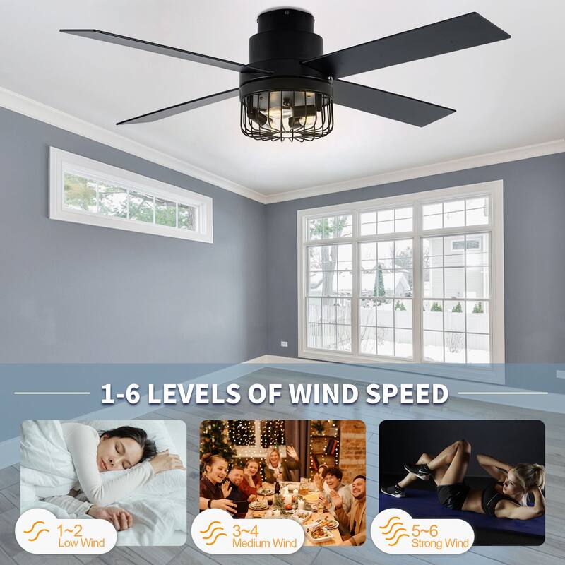Chichoice 52" Noiseless Black Modern Flush Mount Ceiling Fan Reversible Blades with Light 6 speed Timing Remote Control