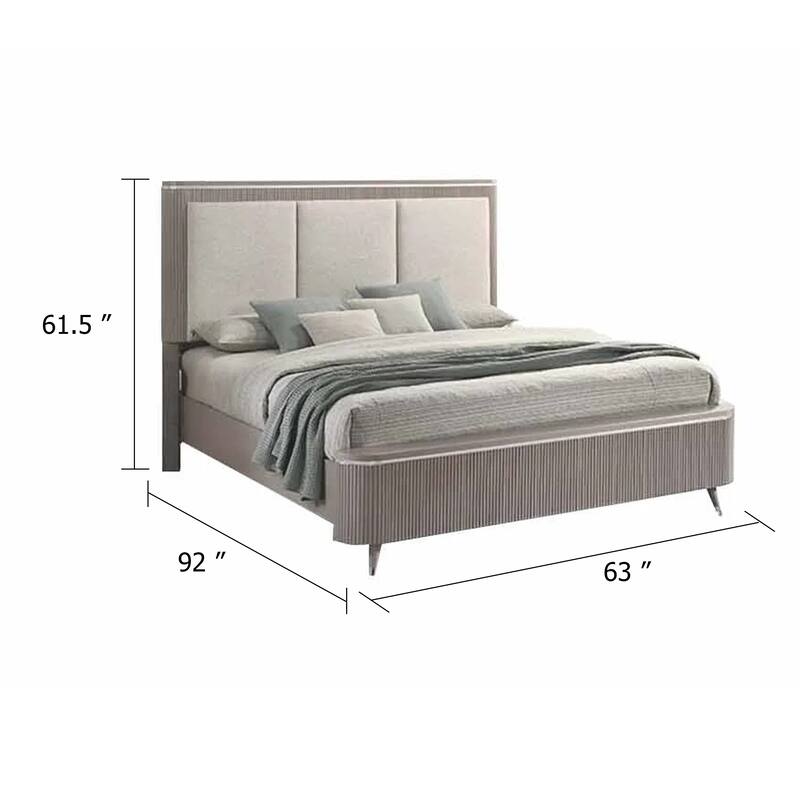 Gema Queen Bed, Channeled Upholstery, Reeded w Silver Line, Light Gray