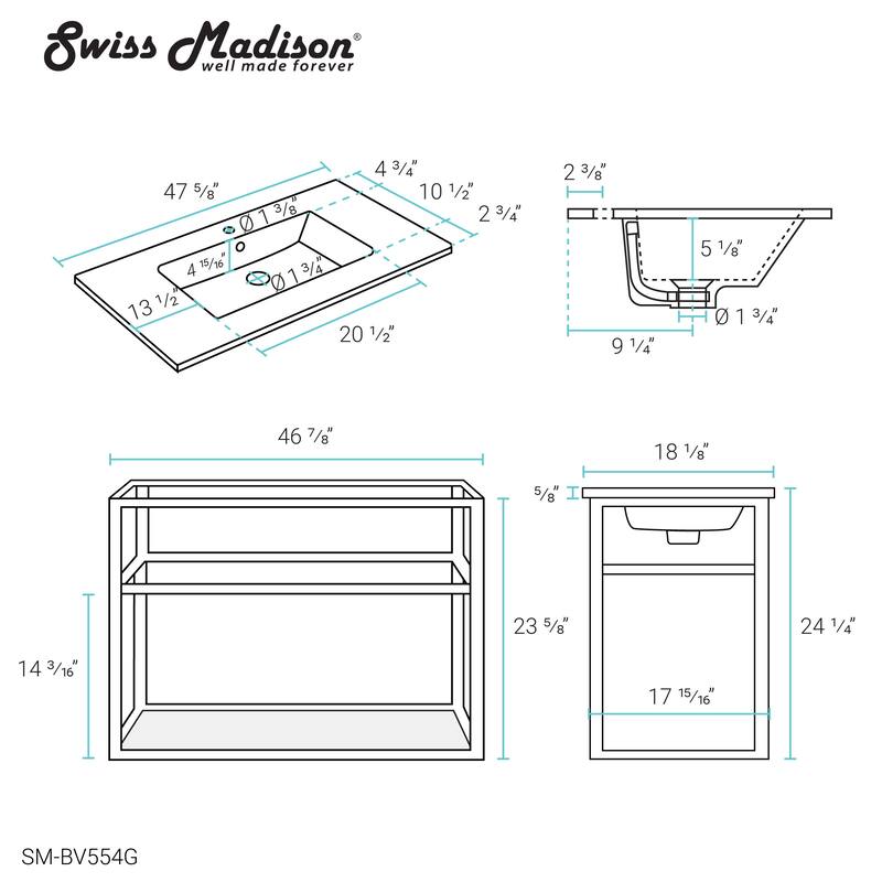 Swiss Madison SM-BV554 Pierre 48" Single, Metal Frame, Open Shelf, Bathroom Vanity