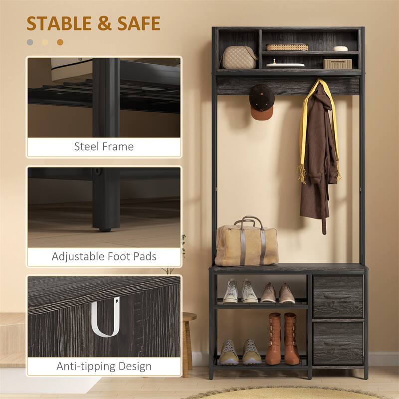 5-in-1 Hall Tree with Bench Coat Hooks and Storage Drawers for Entryway Hallway or Mudroom - 31.5" W x 11.8" D x 70.9" H