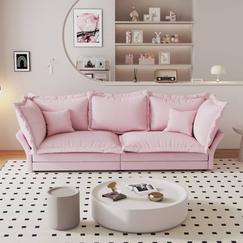 90.55" Modern Comfy Upholstered Sofa Cloud Couch with Multiple Large Soft Pillows - Pink