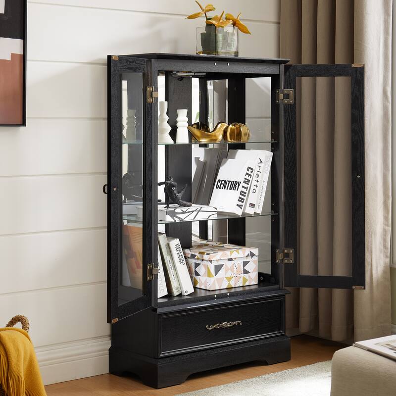 Lighted Glass Curio Cabinet with Adjustable Shelves - Elegant 2-Door Display Cabinet & Built-in Drawer, Includes Bulb - BLACK