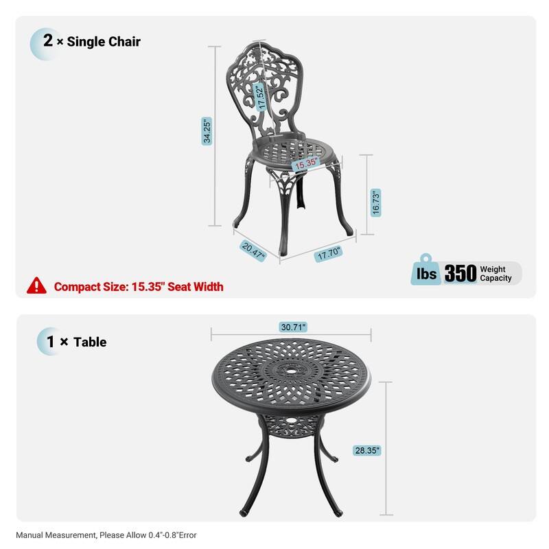 Black 3-Piece Cast Aluminum Patio Bistro Set Rust-proof Outdoor Bistro Set