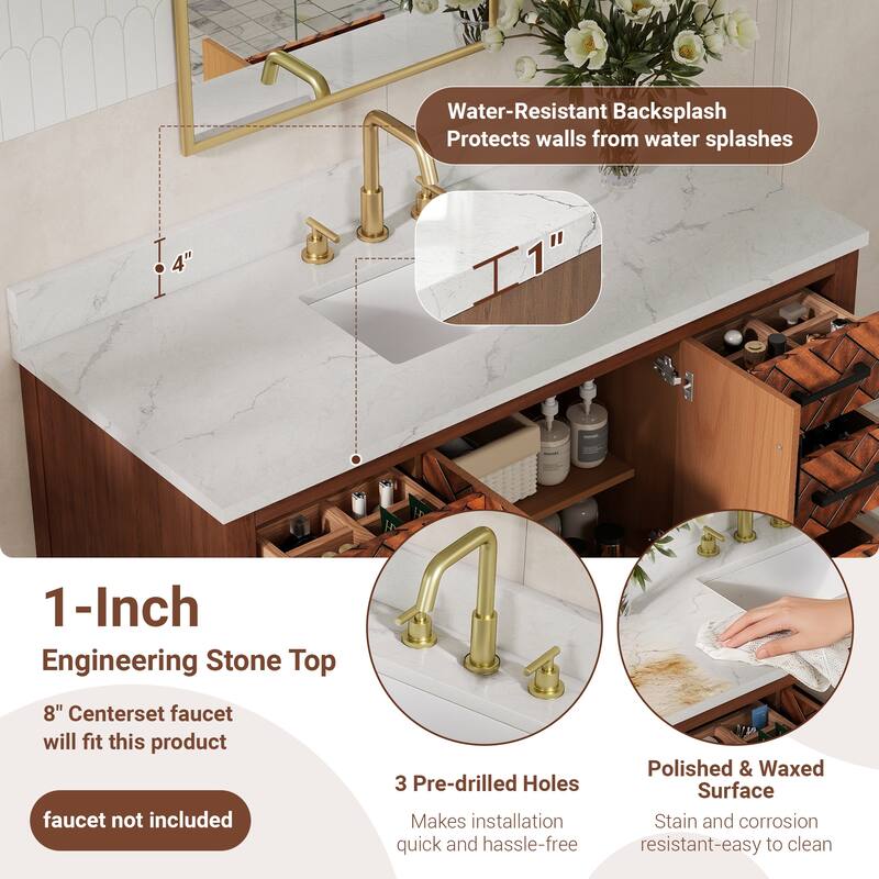 48" Freestanding Bathroom Vanity with Engineered Stone Top, Ceramic Sink, Built-In Power Outlet, and Hair Dryer Storage