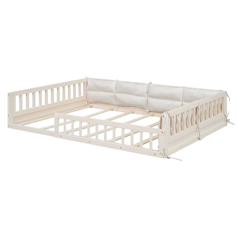 Wooden Upholstered Platform Bed with Guardrails and Pillows