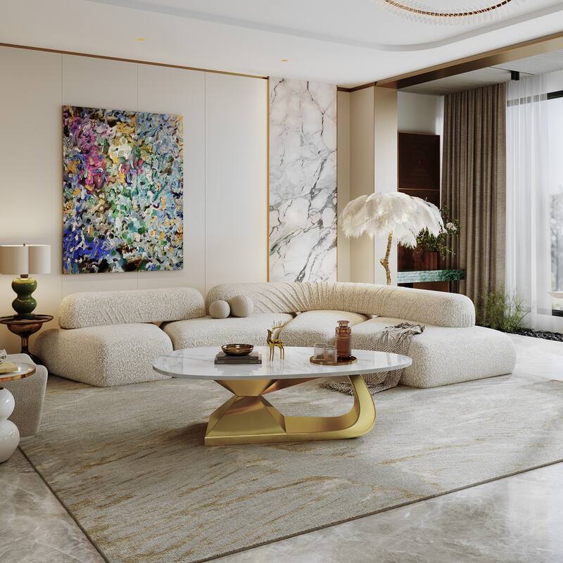 Modern Coffee Table Fish Belly White Marble Coffee Table Stainless Steel Base and Adjustable Feet, for Living Room