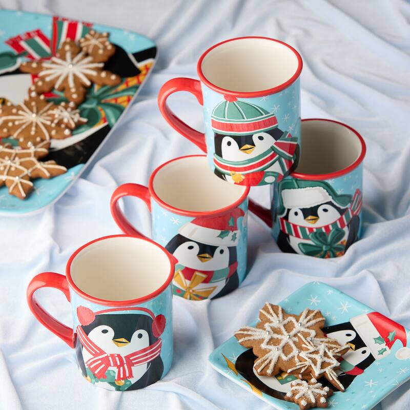 Certified International Christmas Whimsy Penguin Set of 4 Mugs 18 oz. Assorted Designs