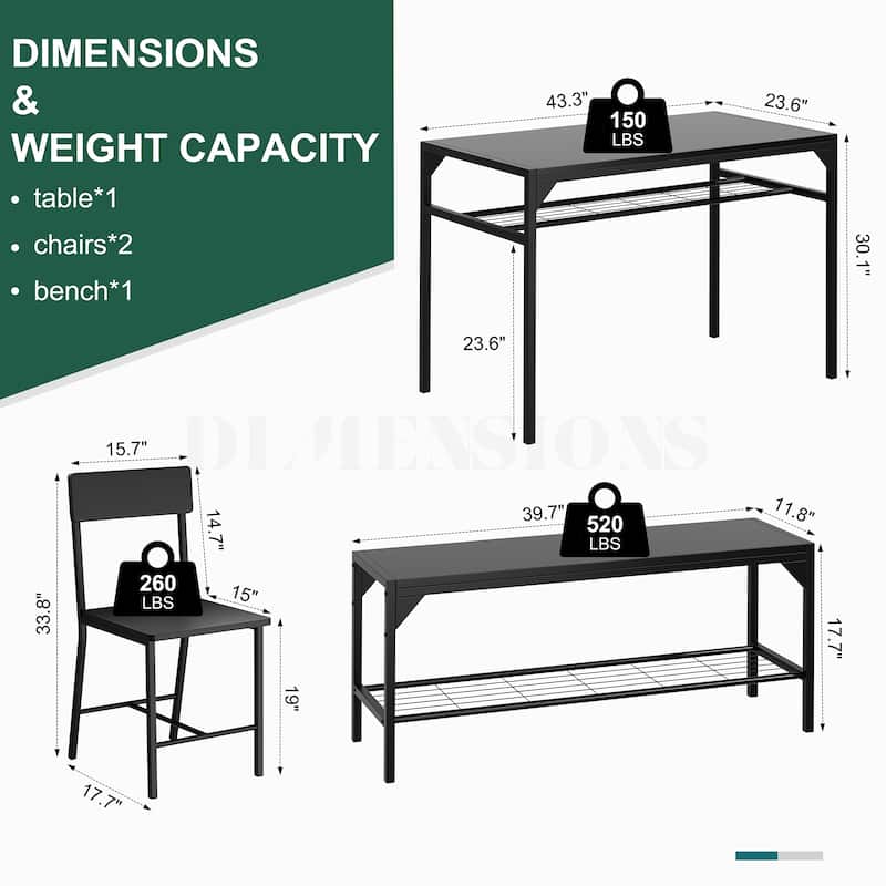 4-Piece Dining Set with Bench & Chairs - Space-Saving Table Set for Kitchen, Breakfast Nook