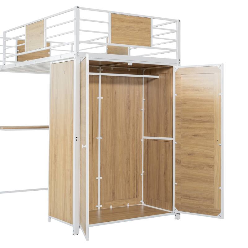 Modern Twin Loft Bed with Built-In L-Shape Desk and Large Wardrobe, Ideal for Compact Spaces