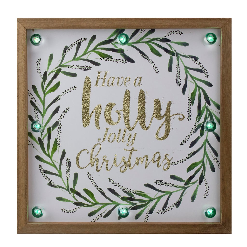 Lighted Wooden Frame Wreath "Have a Holly Jolly Christmas" Plaque - 11.75"