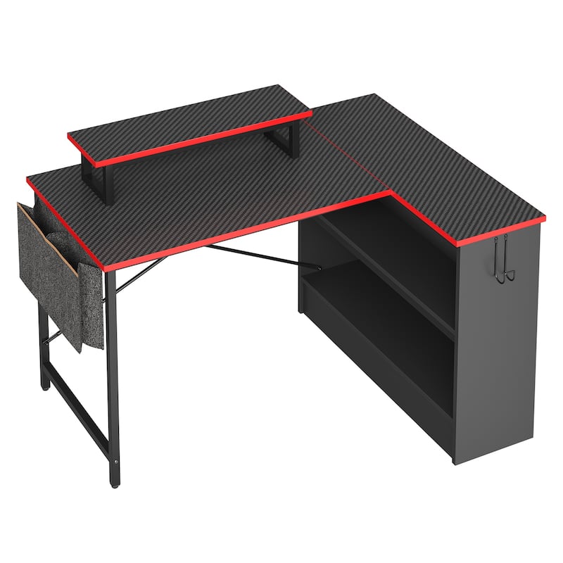 42" Gaming Desk Reversible L Shaped Desk with LED Monitor Stand Storage Shelves and Bag