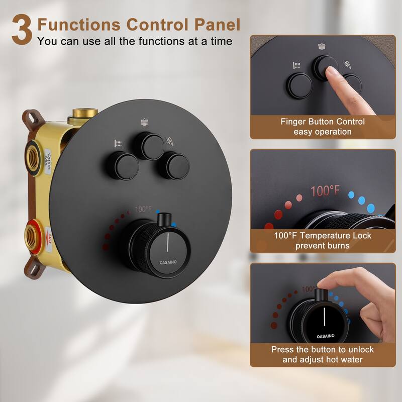 CASAINC 3-function Luxury Thermostatic Dual Shower Faucet Shower System with 6 Body Spray Jets