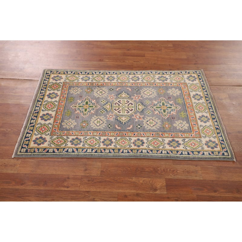 Gray Kazak Foyer Rug Hand-Knotted Geometric Wool Carpet - 2'7" x 4'2"