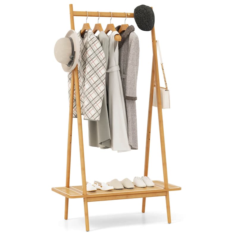 Costway Bamboo Clothes Rack Clothing Rack with Hanging Rod Rattan - See Details - Natural