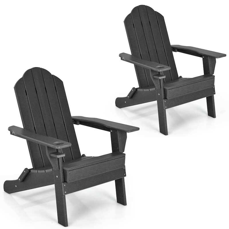 Gymax 2PCS Patio Folding Adirondack Chair Weather Resistant Cup Holder - Black